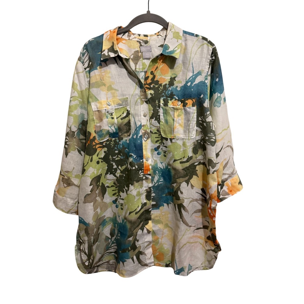 Chico's Linen Button Down Shirt Womens 2 L Multi Color Abstract Floral Print
